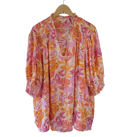 Terra Sky Pink Orange Floral Ruffle High Neck Blouse Women 4X Cottagecore Fall - Picture 1 of 9